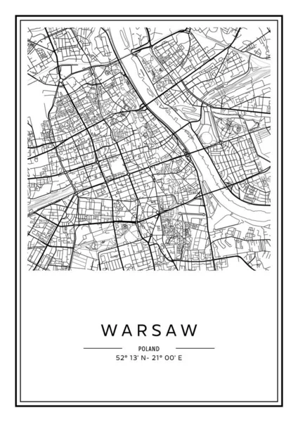 Schwarz Weiß Bedruckbarer Warschauer Stadtplan Plakatgestaltung Vektorillistration — Stockvektor