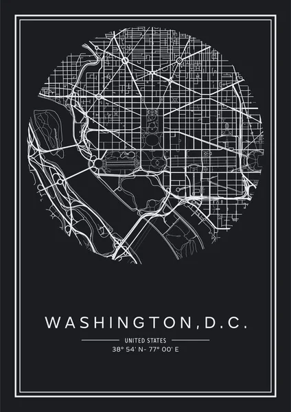 Blanco Negro Imprimible Washington Mapa Ciudad Diseño Póster Vector Ilistración — Archivo Imágenes Vectoriales