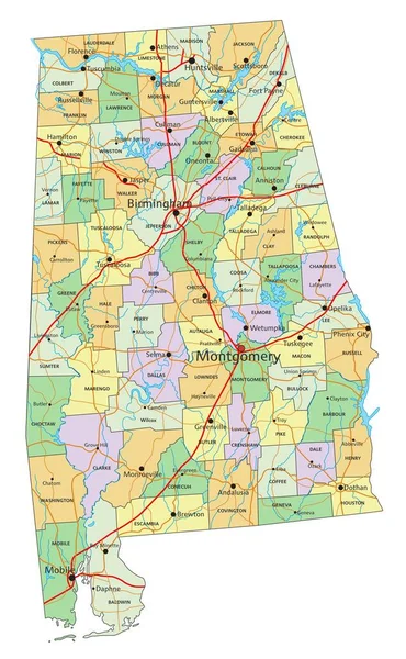 アラバマ州 ラベル付きの非常に詳細な編集可能な政治地図 — ストックベクタ