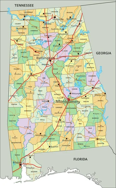 Alabama Mappa Politica Modificabile Altamente Dettagliata Con Etichettatura — Vettoriale Stock