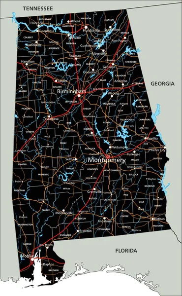 ラベル付きの高詳細アラバマ州道地図 — ストックベクタ