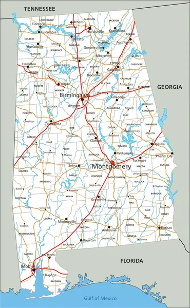 Alta Hoja Ruta Detallada Alabama Con Etiquetado — Archivo Imágenes Vectoriales