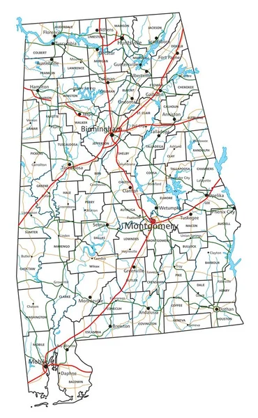 アラバマ州の道路や高速道路の地図 ベクターイラスト — ストックベクタ