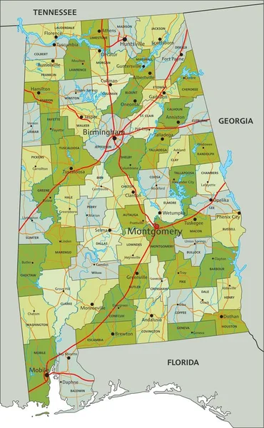 独立したレイヤーを持つ非常に詳細な編集可能な政治マップ アラバマ州 — ストックベクタ
