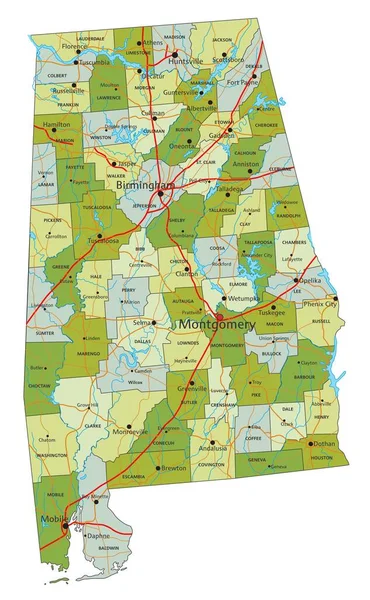 Bardzo Szczegółowa Edytowalna Mapa Polityczna Oddzielnymi Warstwami Alabama — Wektor stockowy