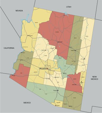 Arizona - Etiketli son derece detaylı düzenlenebilir siyasi harita.