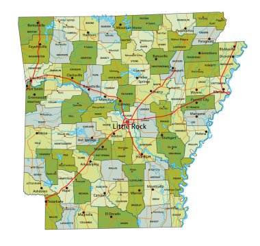 Ayrık katmanlı, son derece detaylı politik harita. Arkansas.