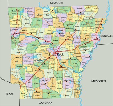 Arkansas - Etiketleme ile son derece ayrıntılı düzenlenebilir siyasi harita.