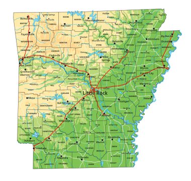 Etiketli yüksek detaylı Arkansas fiziksel haritası.