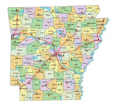 Arkansas - Etiketleme ile son derece ayrıntılı düzenlenebilir siyasi harita.