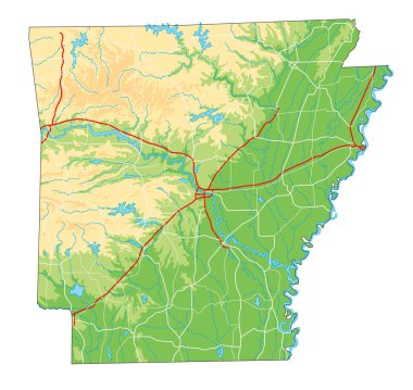 Yüksek detaylı Arkansas fiziksel haritası.