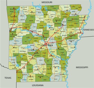 Ayrık katmanlı, son derece detaylı politik harita. Arkansas.