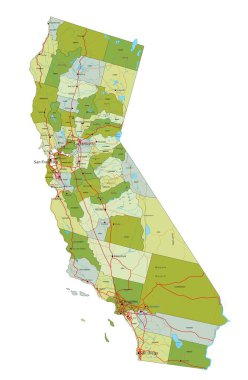 Ayrık katmanlı, son derece detaylı politik harita. Kaliforniya.