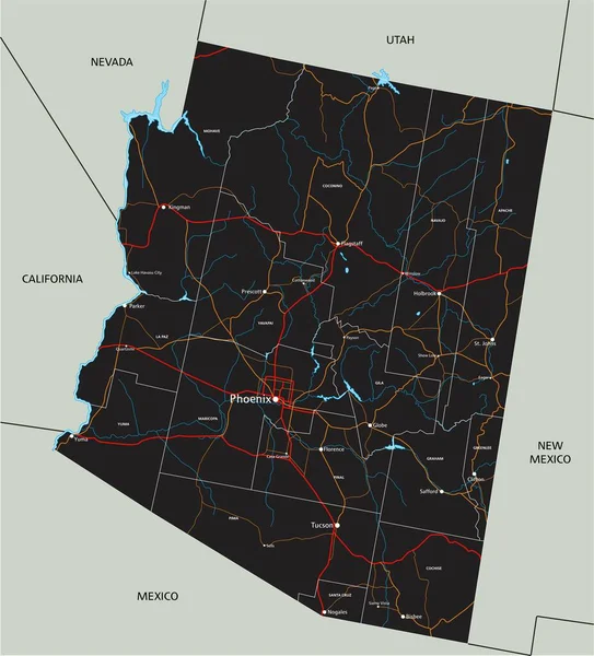 Hoge Gedetailleerde Arizona Routekaart Met Etikettering — Stockvector