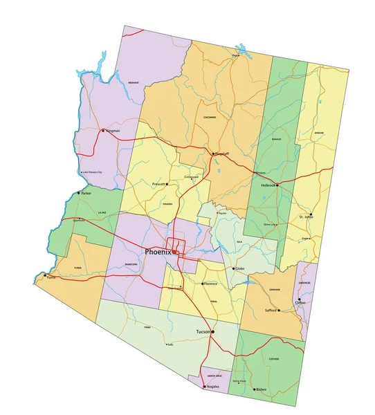 亚利桑那州 高度详细的可编辑政治地图 并附有标签 — 图库矢量图片