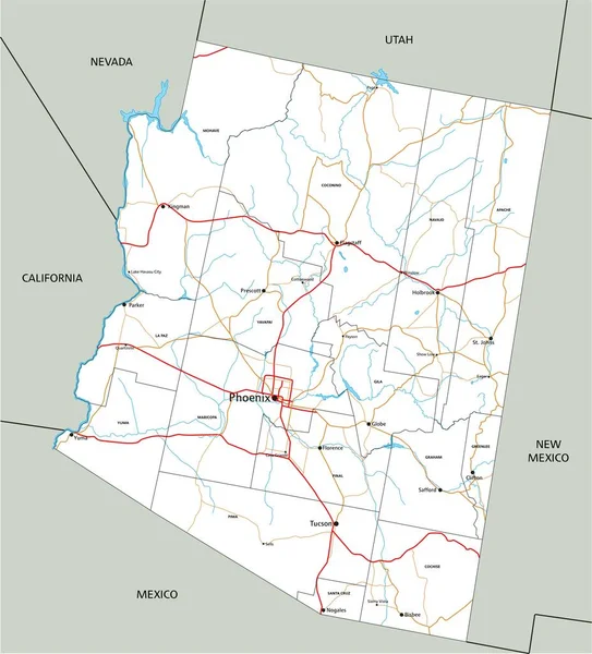 Hohe Detaillierte Arizona Straßenkarte Mit Beschriftung — Stockvektor