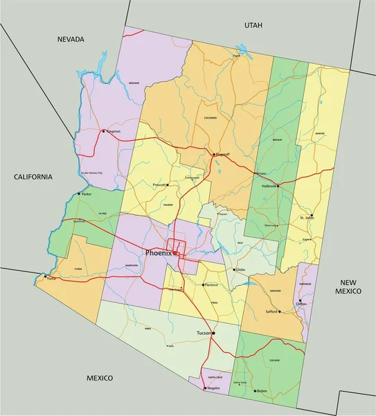Arizona Εξαιρετικά Λεπτομερής Επεξεργάσιμος Πολιτικός Χάρτης Σήμανση — Διανυσματικό Αρχείο