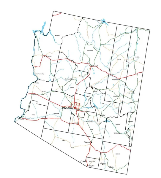 亚利桑那州的道路和公路地图 矢量说明 — 图库矢量图片