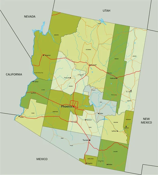 Высоко Детализированная Редактируемая Политическая Карта Разделенными Слоями Аризона — стоковый вектор