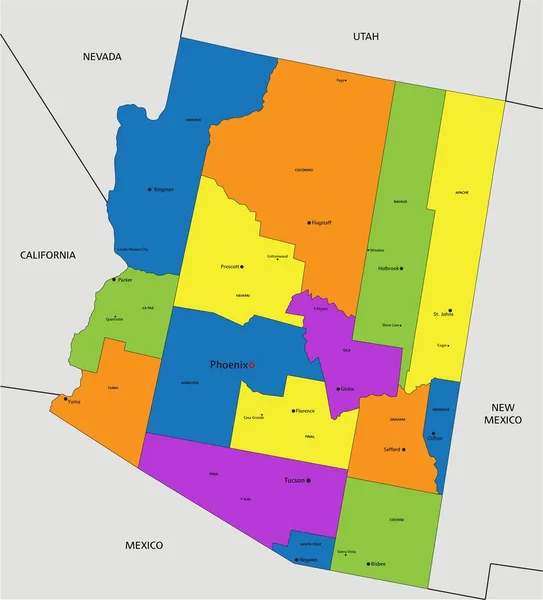 色鮮やかなアリゾナ州の政治地図を明確に 独立した層のラベル ベクターイラスト — ストックベクタ