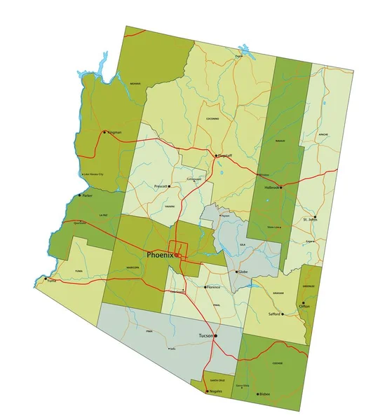 Ayrık Katmanlı Son Derece Detaylı Politik Harita Arizona — Stok Vektör