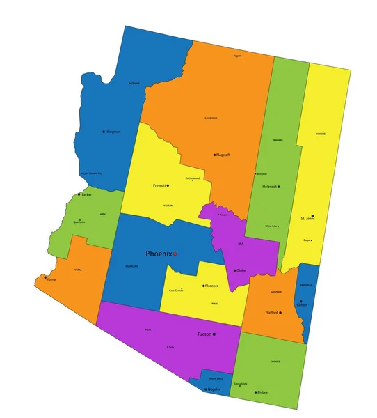 Колоритна Політична Карта Арізони Чітко Позначеними Розділеними Шарами Приклад Вектора — стоковий вектор
