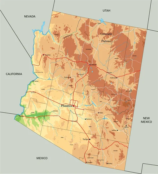 高度详细的亚利桑那州物理地图 附有标签 — 图库矢量图片