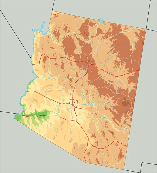 Hög Detaljerad Arizona Fysisk Karta — Stock vektor