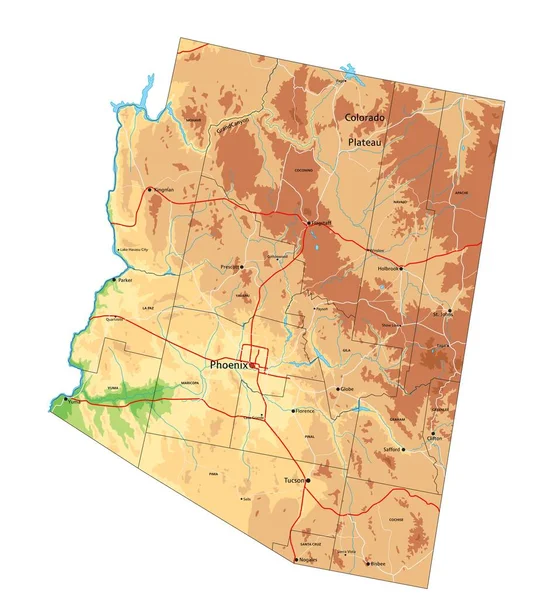Hoch Detaillierte Physikalische Karte Arizonas Mit Beschriftung — Stockvektor