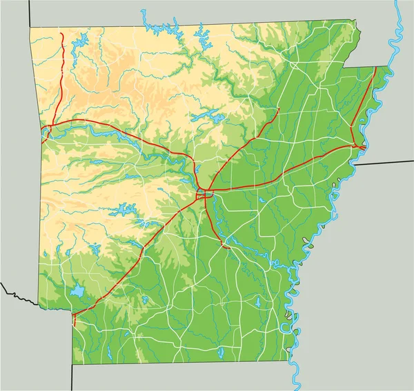 Висока Детальна Фізична Карта Арканзасу — стоковий вектор