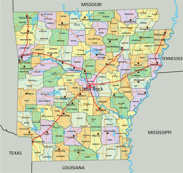 Arkansas Mapa Político Editable Altamente Detallado Con Etiquetado — Archivo Imágenes Vectoriales