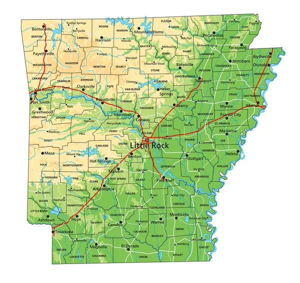 Alta Mappa Fisica Dettagliata Dell Arkansas Con Etichettatura — Vettoriale Stock