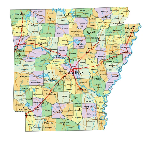 アーカンソー州 ラベル付きの非常に詳細な編集可能な政治地図 — ストックベクタ