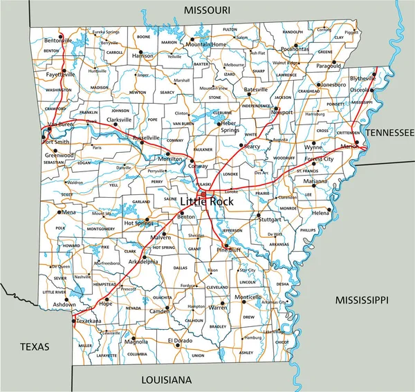 Hoge Gedetailleerde Routekaart Van Arkansas Met Etikettering — Stockvector