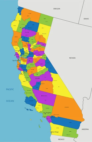 色彩斑斓的加州政治地图 有清晰的标签和分隔的图层 矢量说明 — 图库矢量图片