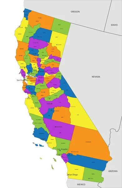 色彩斑斓的加州政治地图 有清晰的标签和分隔的图层 矢量说明 — 图库矢量图片