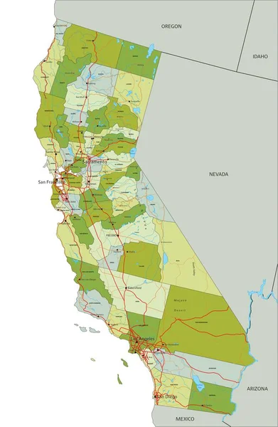 Carte Politique Modifiable Très Détaillée Avec Des Couches Séparées Californie — Image vectorielle