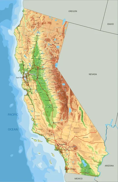 Mapa Físico Detalhado Califórnia Com Rotulagem —  Vetores de Stock