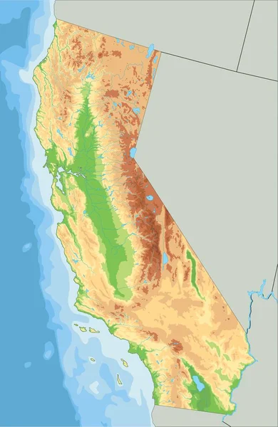 Mapa Físico Detallado California — Vector de stock
