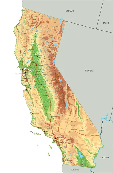 ラベル付きの詳細なカリフォルニア物理地図 — ストックベクタ