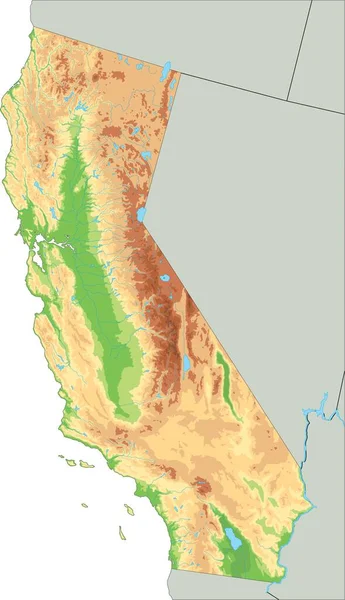 Hoch Detaillierte Physische Karte Kaliforniens — Stockvektor