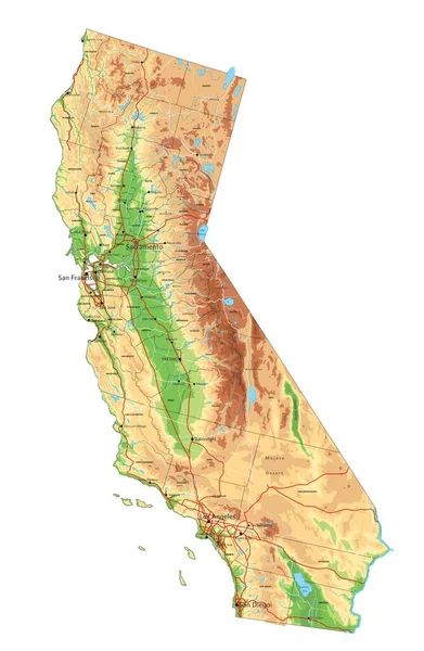 高度详细的加利福尼亚物理地图 附有标签 — 图库矢量图片