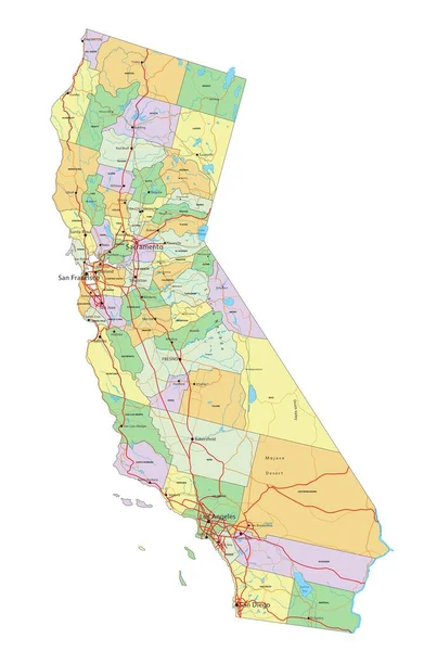 加利福尼亚 非常详细的带有标签的可编辑政治地图 — 图库矢量图片