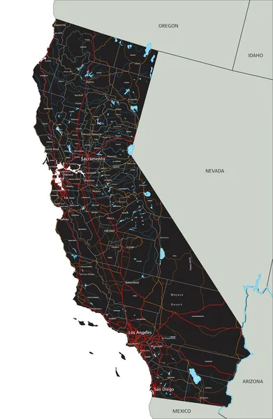 Carte Routière Détaillée Californie Avec Étiquetage — Image vectorielle