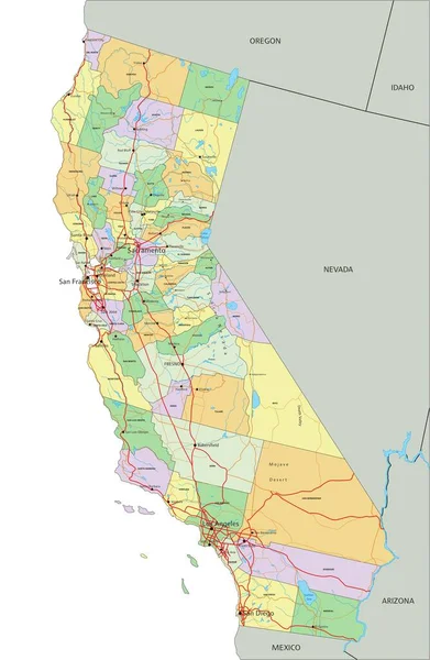 Califórnia Mapa Político Editável Altamente Detalhado Com Rotulagem —  Vetores de Stock