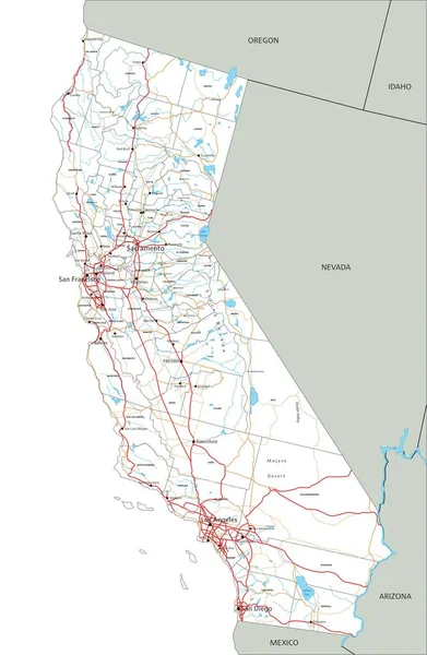 Mapa Estradas Detalhado Califórnia Com Rotulagem — Vetor de Stock