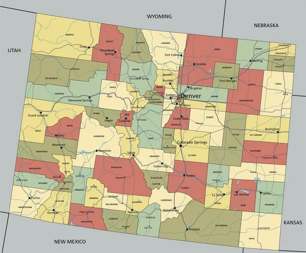 コロラド州 詳細な編集可能な政治地図 — ストックベクタ