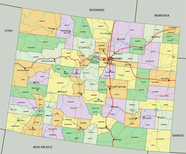 科罗拉多 高度详细的可编辑政治地图 — 图库矢量图片
