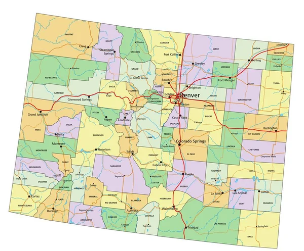 Colorado Εξαιρετικά Λεπτομερής Επεξεργάσιμος Πολιτικός Χάρτης — Διανυσματικό Αρχείο