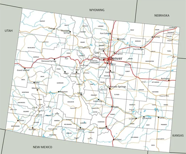 Mapa Estradas Colorado Detalhado Com Rotulagem —  Vetores de Stock